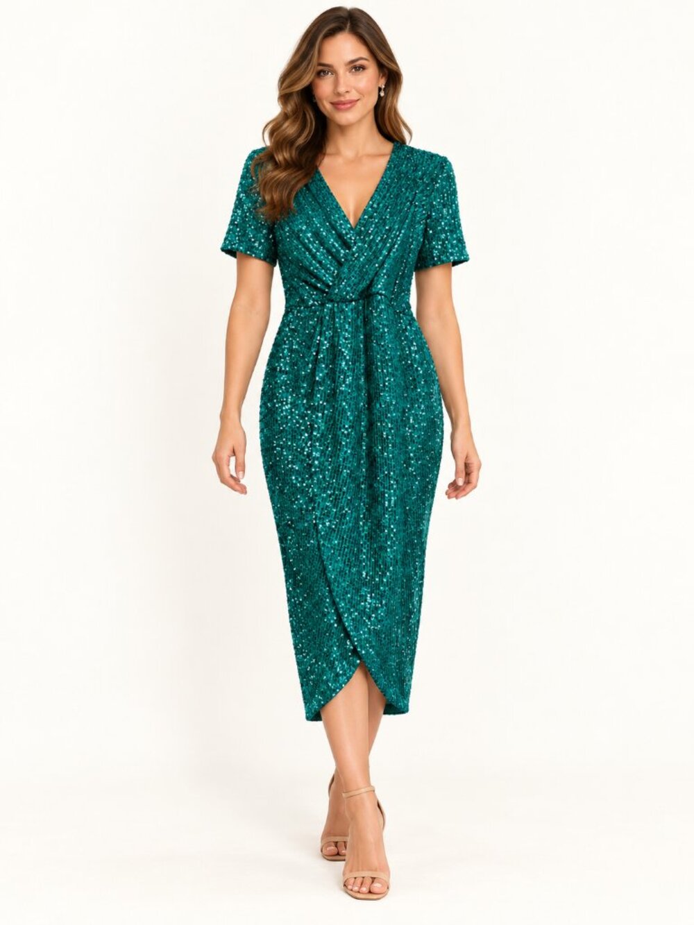 Baltic Born Ricarica Green Sequin Faux Wrap Midi Dress Large